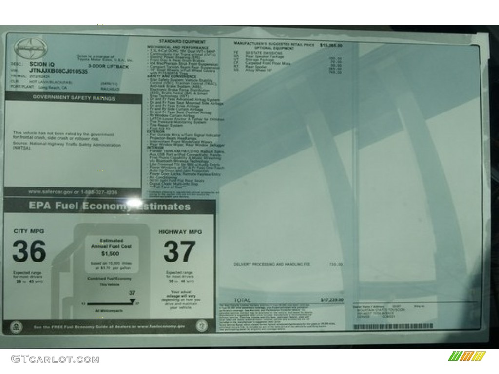 2012 Scion iQ Standard iQ Model Window Sticker Photo #60152553