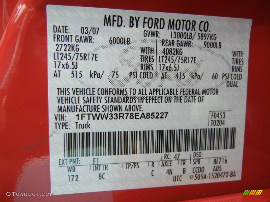 2008 F350 Super Duty Color Code F1 for Bright Red Photo #60159948