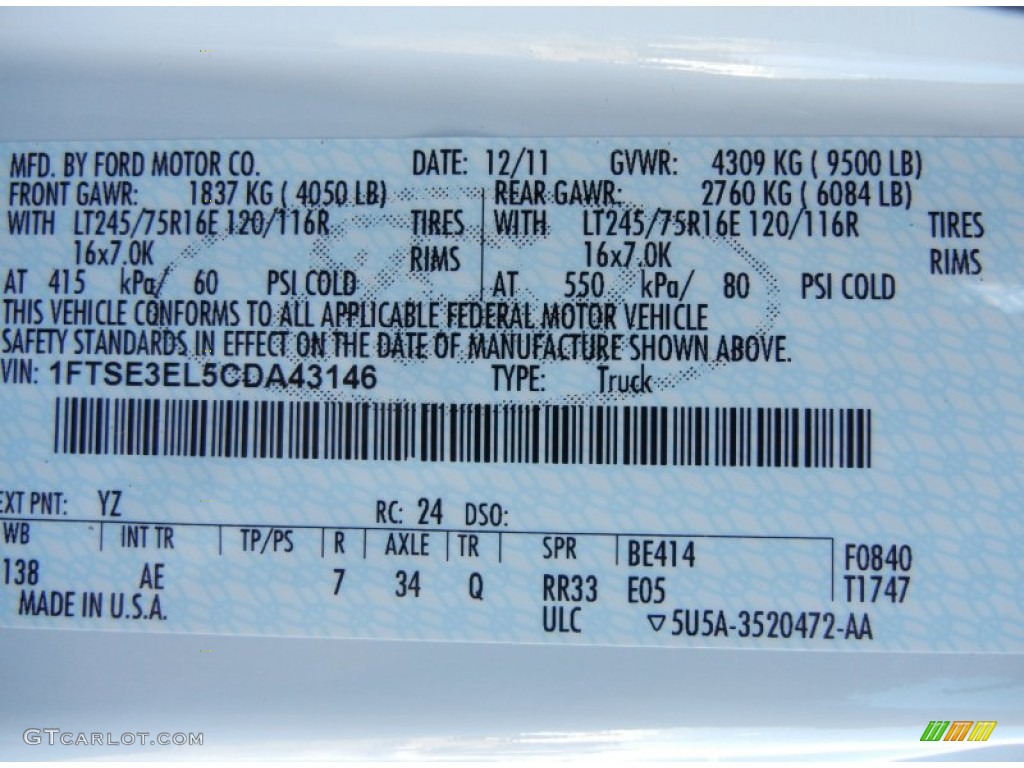 2012 Ford E Series Van E350 Cargo Color Code Photos