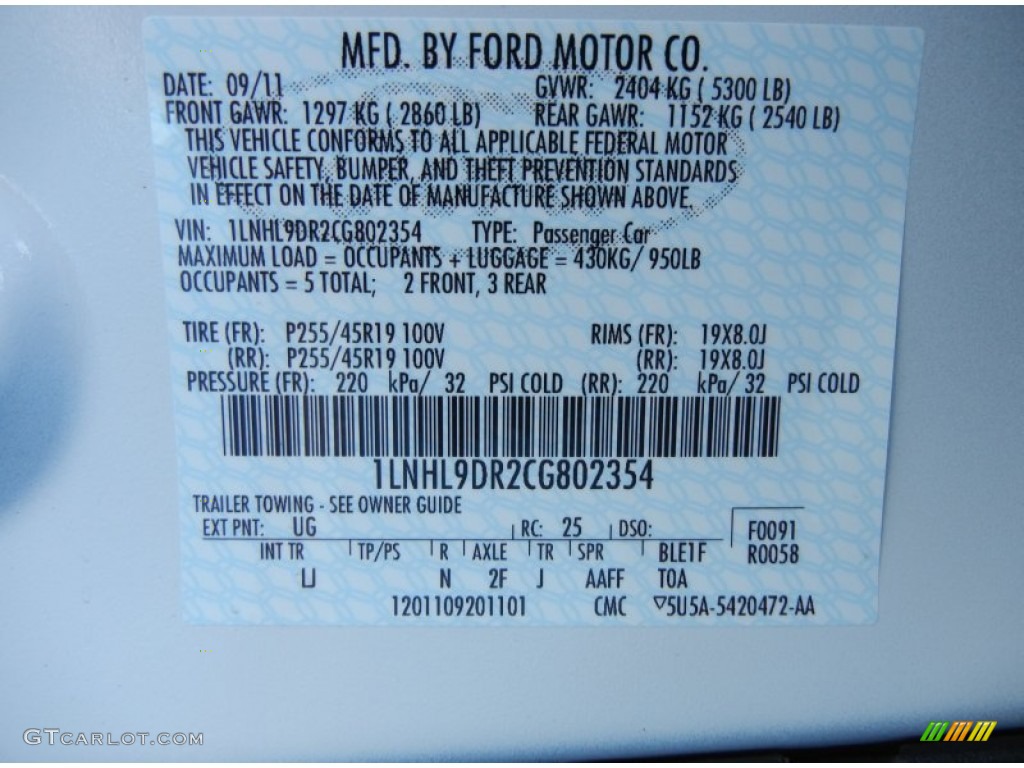 2012 MKS Color Code UG for White Platinum Metallic Tri-Coat Photo #60161958