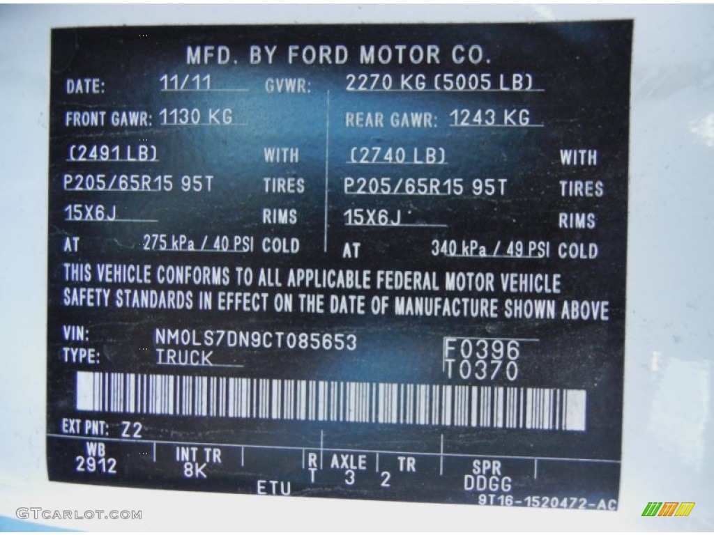 2012 Transit Connect Color Code Z2 for Frozen White Photo #60162096
