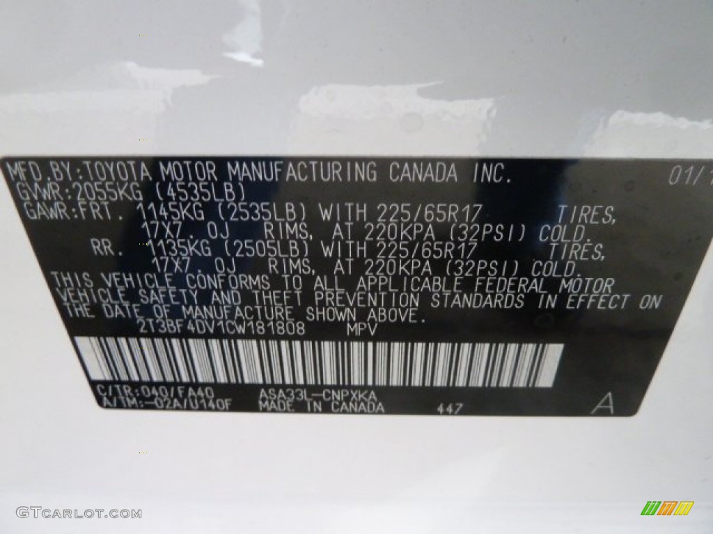 2012 RAV4 Color Code 040 for Super White Photo #60185502