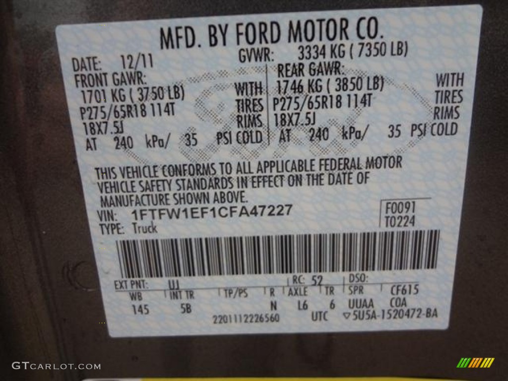 2012 F150 Color Code UJ for Sterling Gray Metallic Photo #60191421