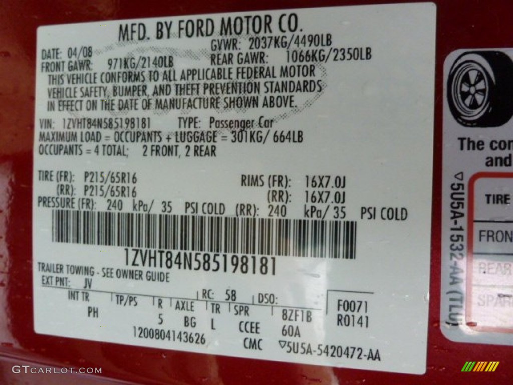 2008 Mustang Color Code JV for Dark Candy Apple Red Photo #60196684