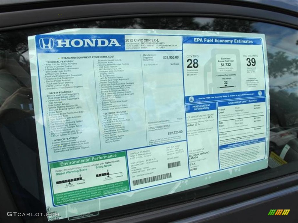2012 Honda Civic EX-L Coupe Window Sticker Photo #60196741