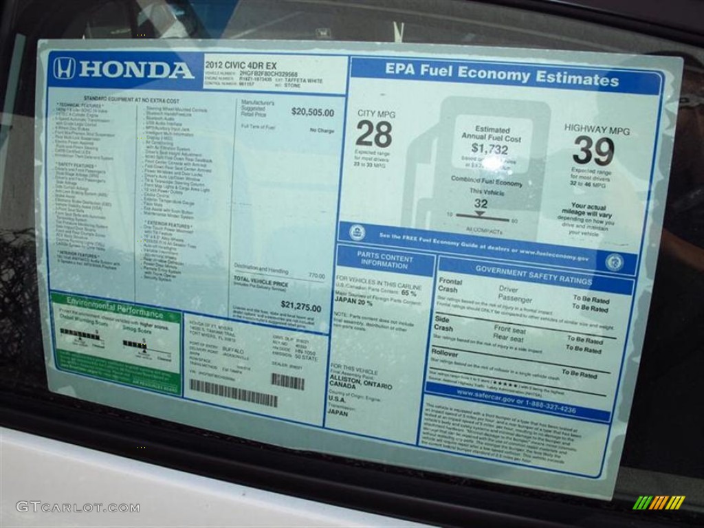 2012 Honda Civic EX Sedan Window Sticker Photo #60197092