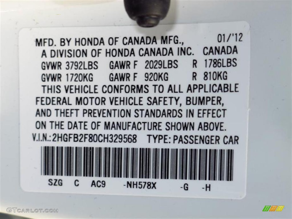 2012 Civic Color Code NH578X for Taffeta White Photo #60197104