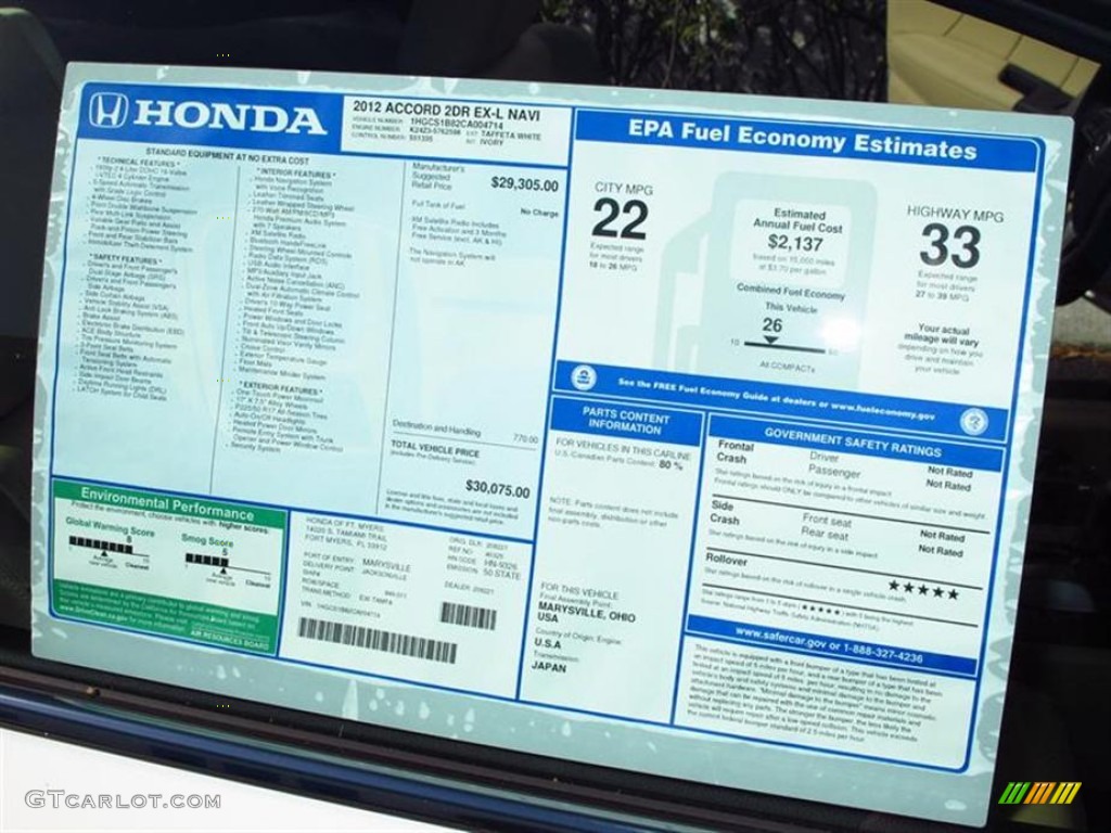 2012 Honda Accord EX-L Coupe Window Sticker Photo #60197947