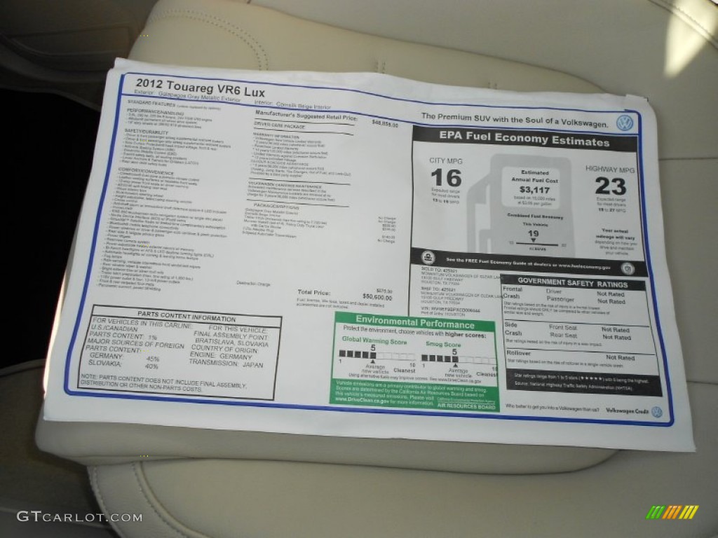 2012 Volkswagen Touareg VR6 FSI Lux 4XMotion Window Sticker Photo #60201856