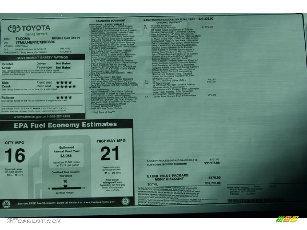 2012 Toyota Tacoma V6 TRD Double Cab 4x4 Window Sticker Photo #60208417
