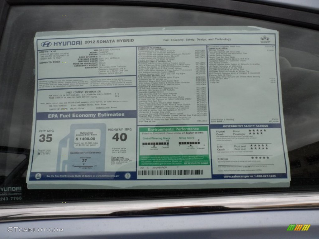 2012 Hyundai Sonata Hybrid Window Sticker Photo #60212038