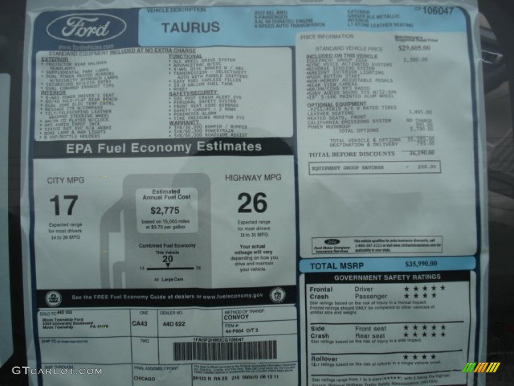 2012 Ford Taurus SEL AWD Window Sticker Photo #60215485