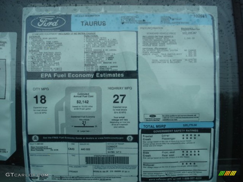 2012 Ford Taurus Limited Window Sticker Photo #60215662