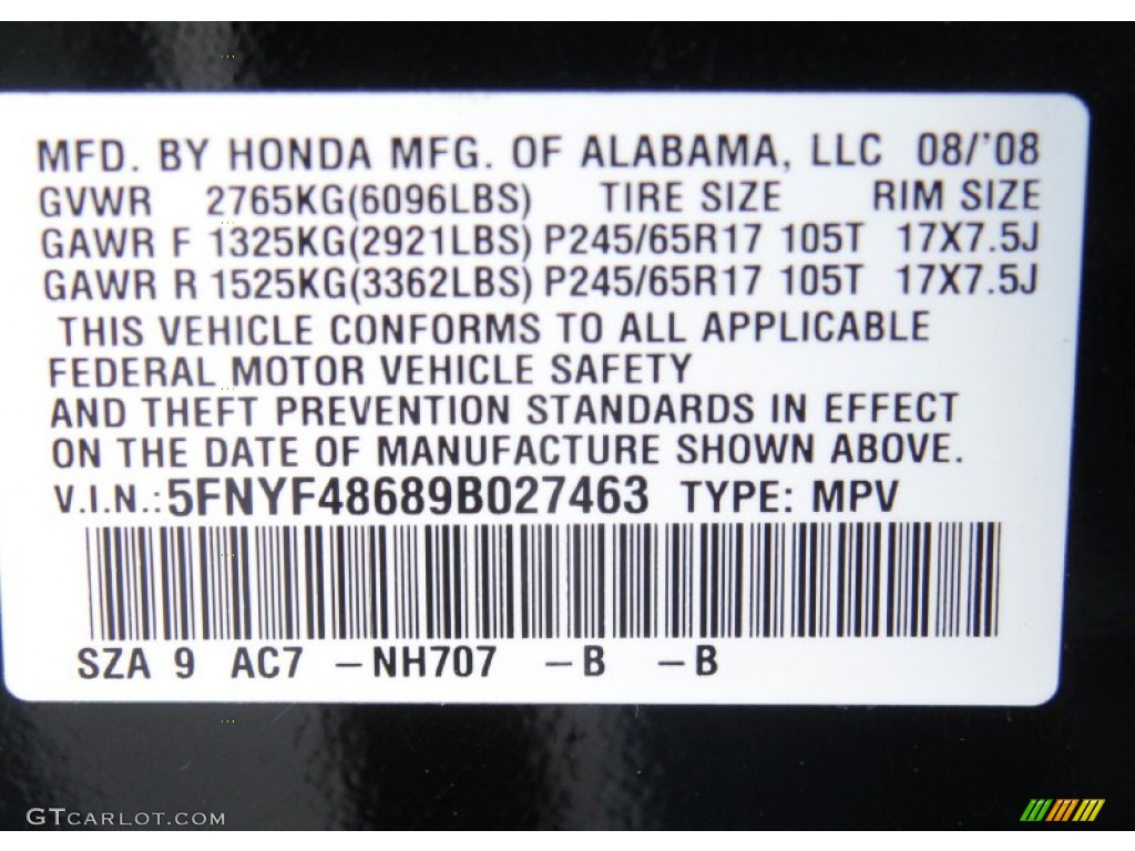 2009 Pilot Color Code NH707 for Formal Black Photo #60238107
