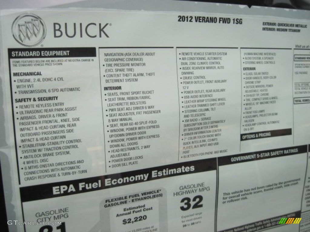 2012 Buick Verano FWD Window Sticker Photo #60241487