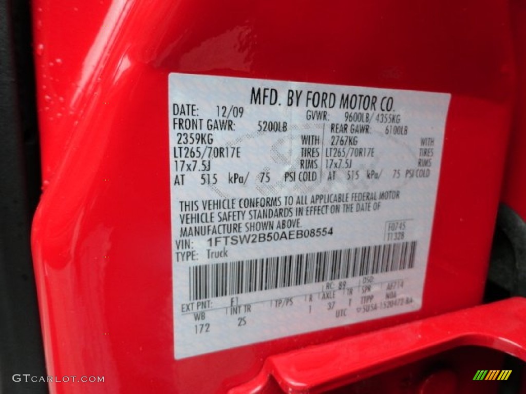 2010 F250 Super Duty Color Code F1 for Vermillion Red Photo #60260483