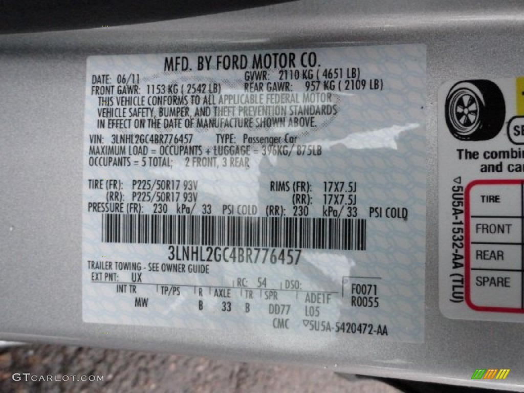 2011 MKZ Color Code UX for Ingot Silver Metallic Photo #60260675
