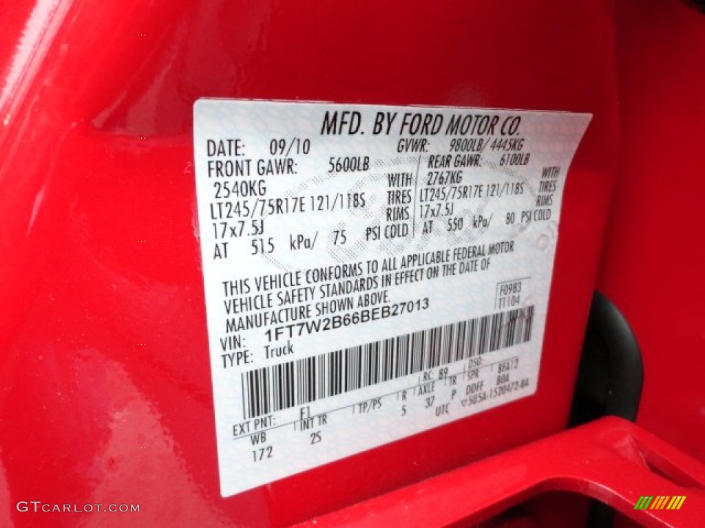 2011 F250 Super Duty Color Code F1 for Vermillion Red Photo #60260834