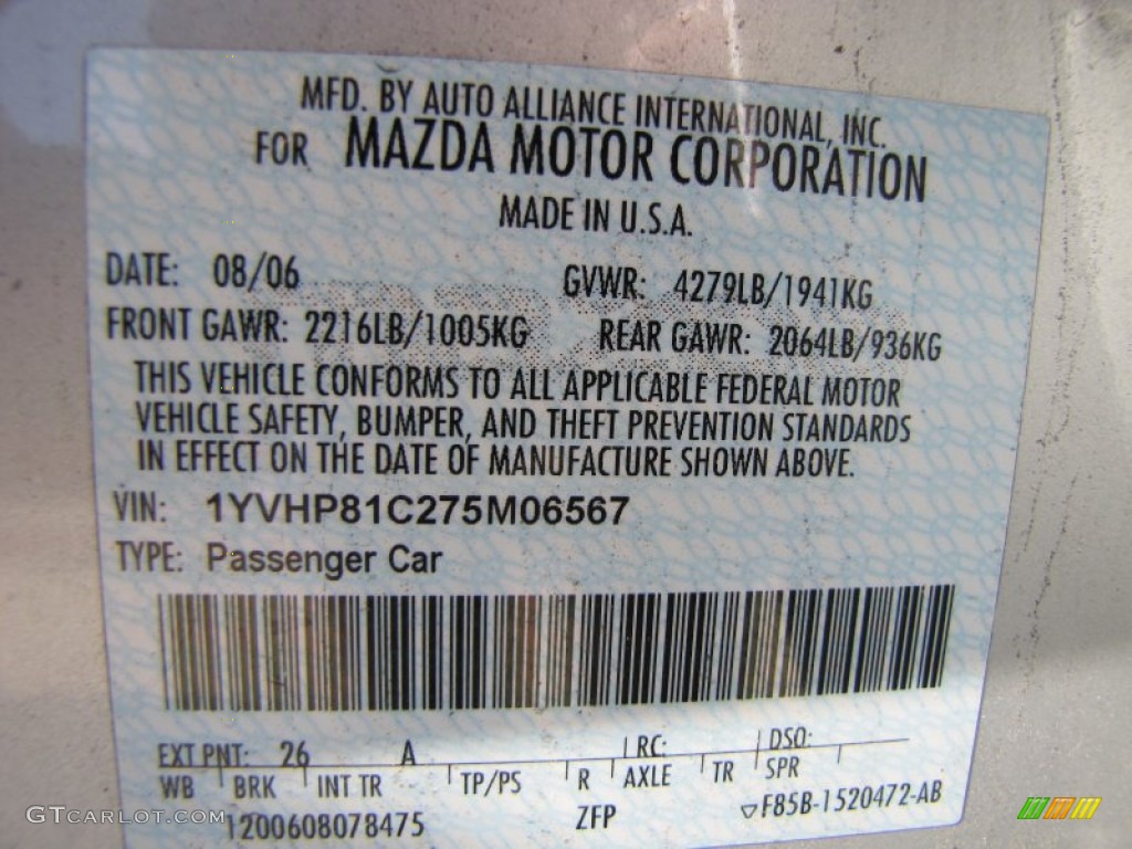 2007 MAZDA6 Color Code 26A for Glacier Silver Metallic Photo #60265190