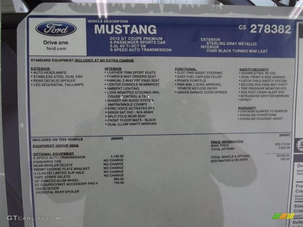 2012 Ford Mustang GT Premium Coupe Window Sticker Photo #60291701
