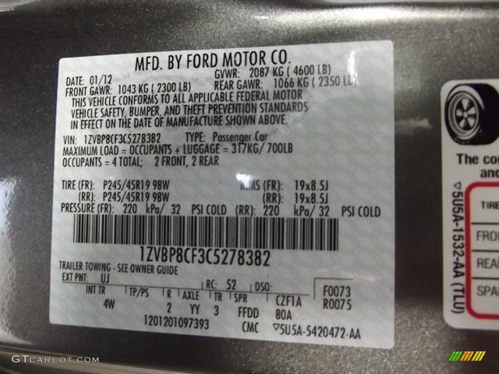 2012 Mustang Color Code UJ for Sterling Gray Metallic Photo #60291710