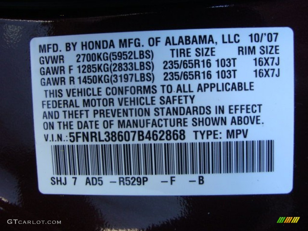 2007 Odyssey Color Code R529P for Dark Cherry Pearl Photo #60320390