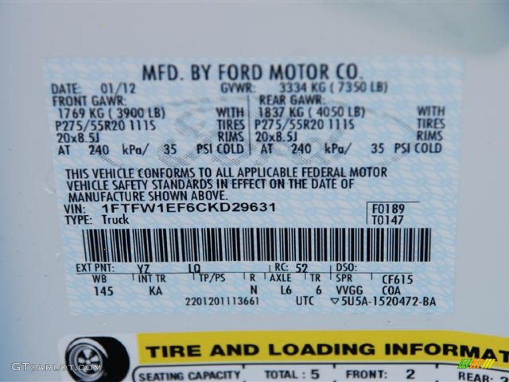 2012 F150 Color Code YZ for Oxford White Photo #60324989