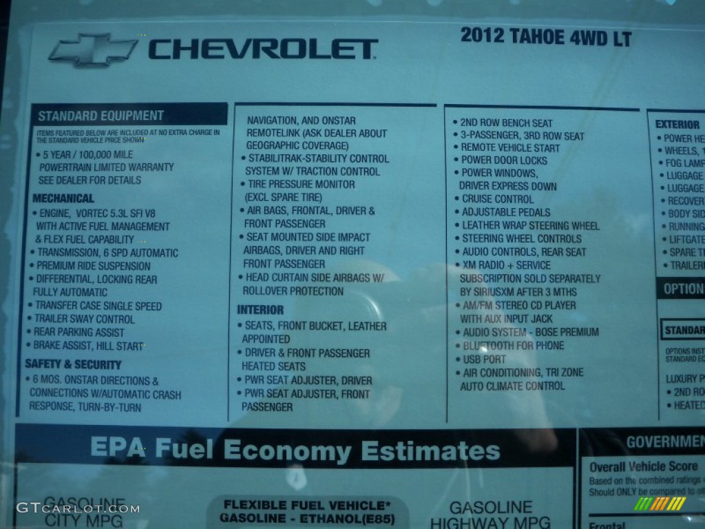 2012 Chevrolet Tahoe Z71 4x4 Window Sticker Photo #60343350