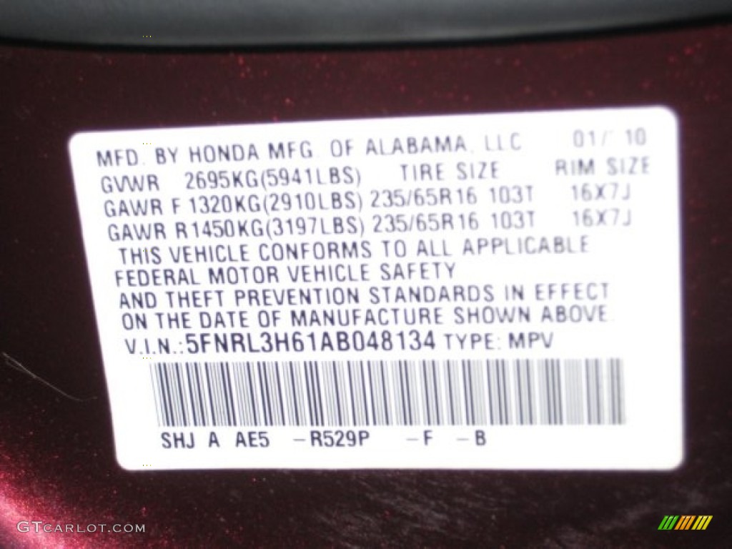 2010 Odyssey Color Code R529P for Dark Cherry Pearl Photo #60344075