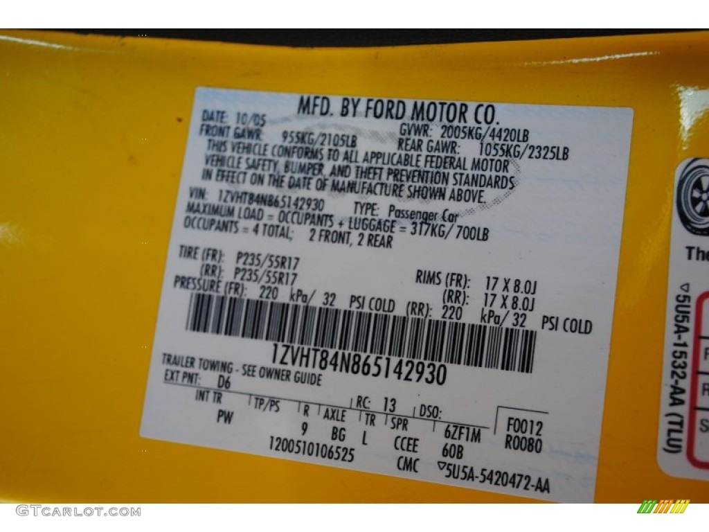 2006 Mustang Color Code D6 for Screaming Yellow Photo #60348932