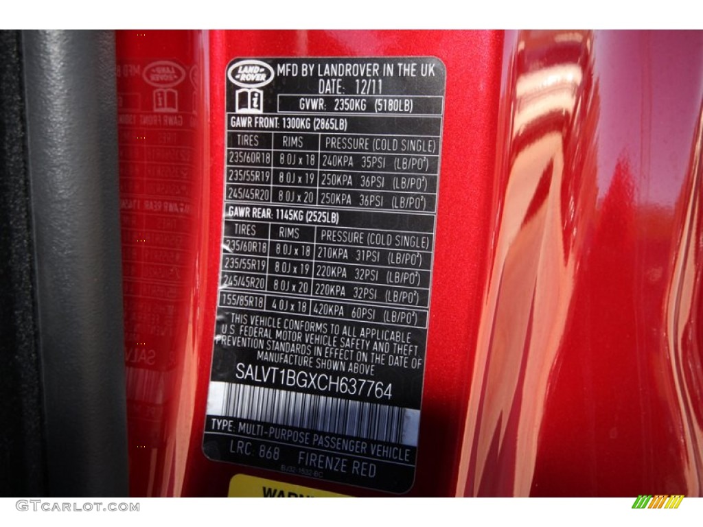 2012 Range Rover Evoque Color Code 868 for Firenze Red Metallic Photo #60352538
