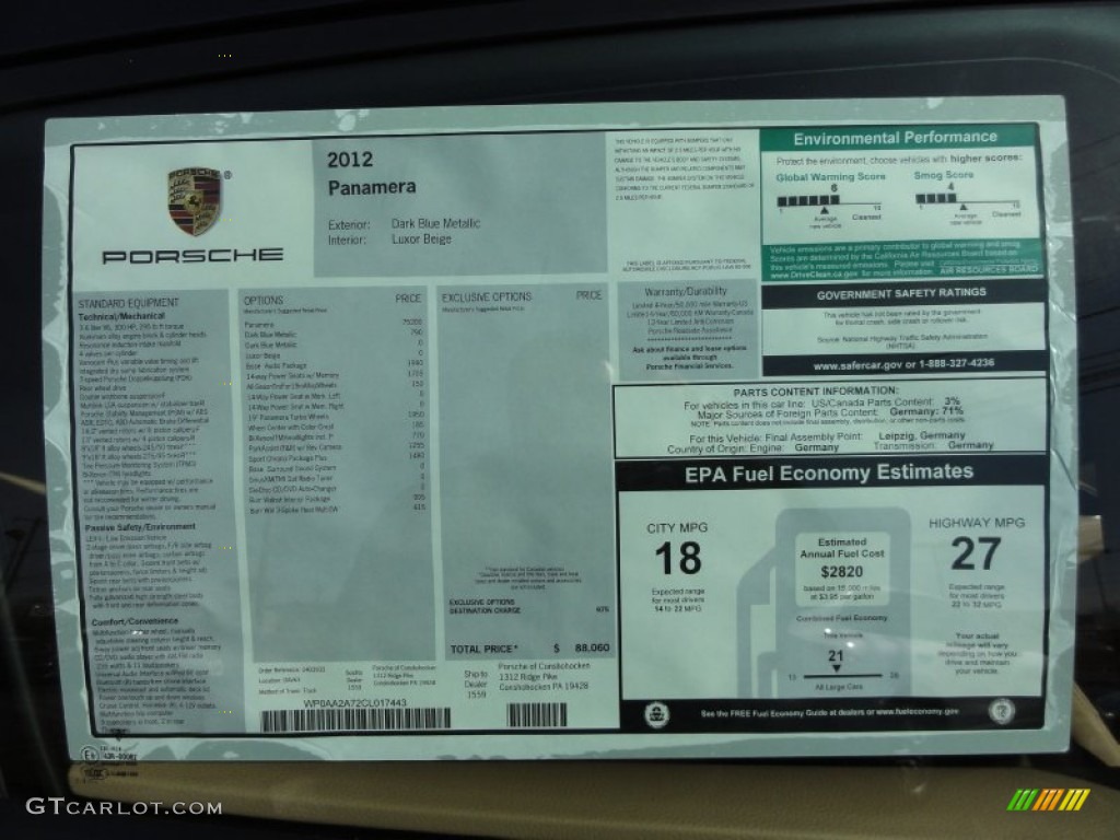 2012 Porsche Panamera V6 Window Sticker Photo #60358176