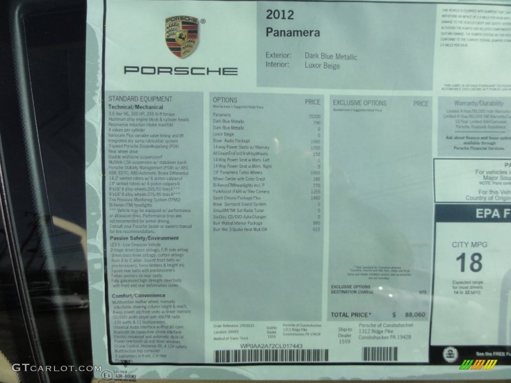 2012 Porsche Panamera V6 Window Sticker Photos