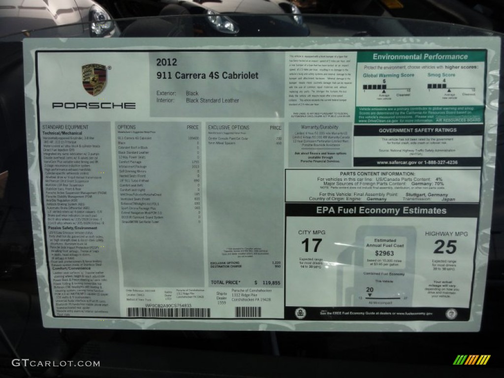 2012 Porsche 911 Carrera 4S Cabriolet Window Sticker Photo #60358499