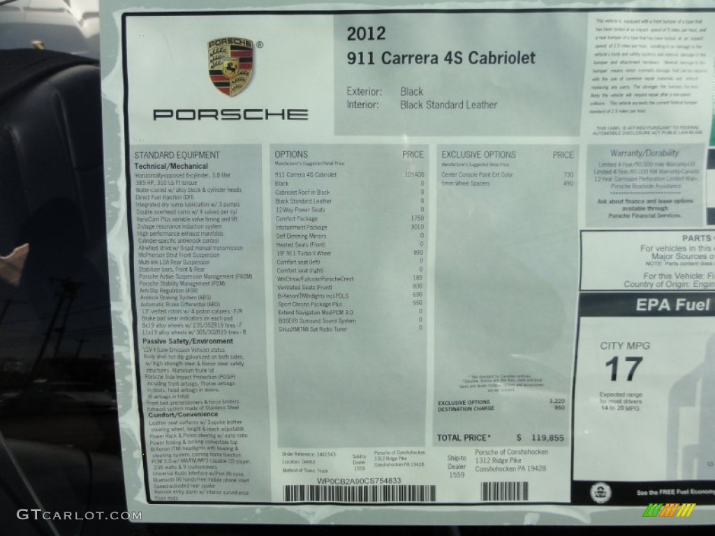 2012 Porsche 911 Carrera 4S Cabriolet Window Sticker Photo #60358508
