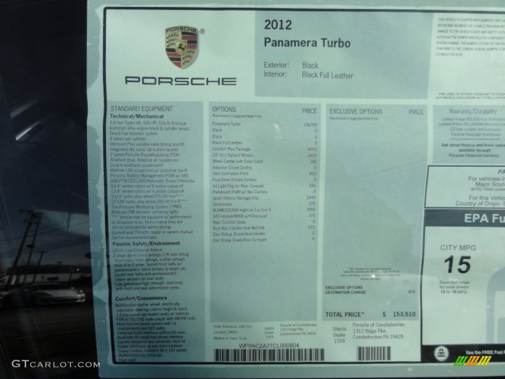 2012 Porsche Panamera Turbo Window Sticker Photo #60358956