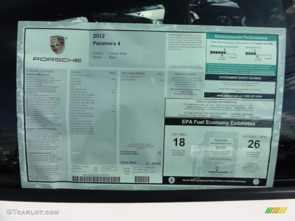 2012 Porsche Panamera 4 Window Sticker Photo #60359850