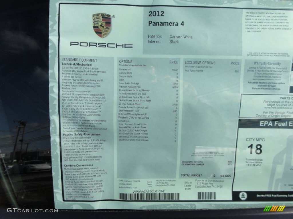 2012 Porsche Panamera 4 Window Sticker Photo #60359859