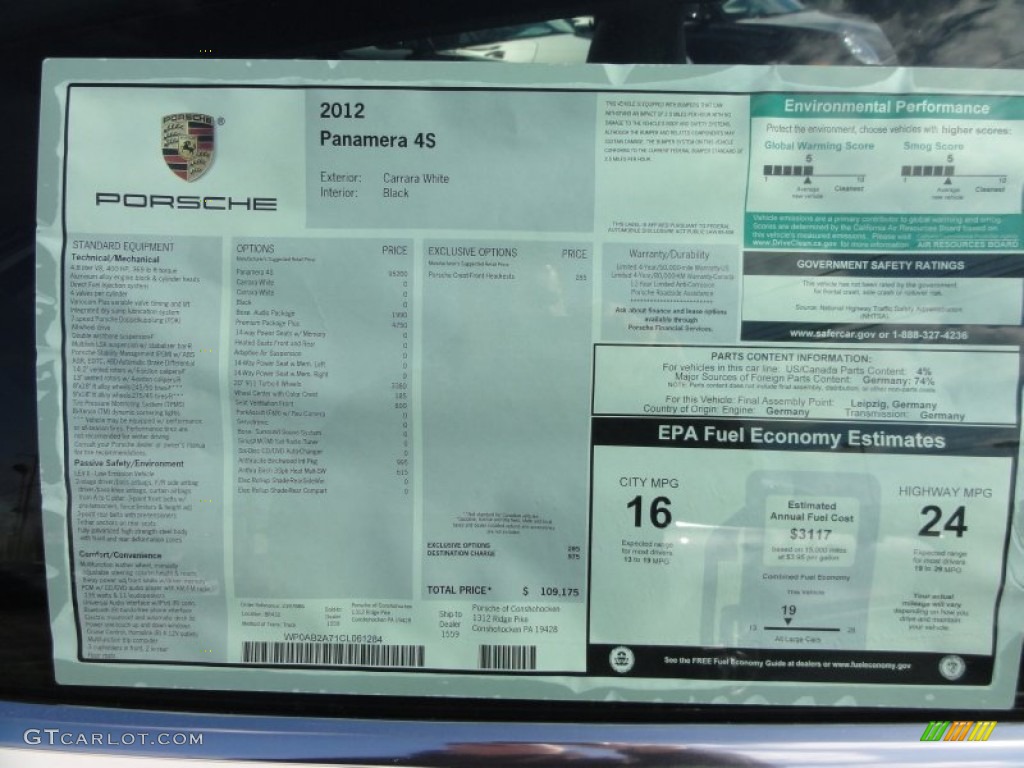 2012 Porsche Panamera 4S Window Sticker Photo #60360195