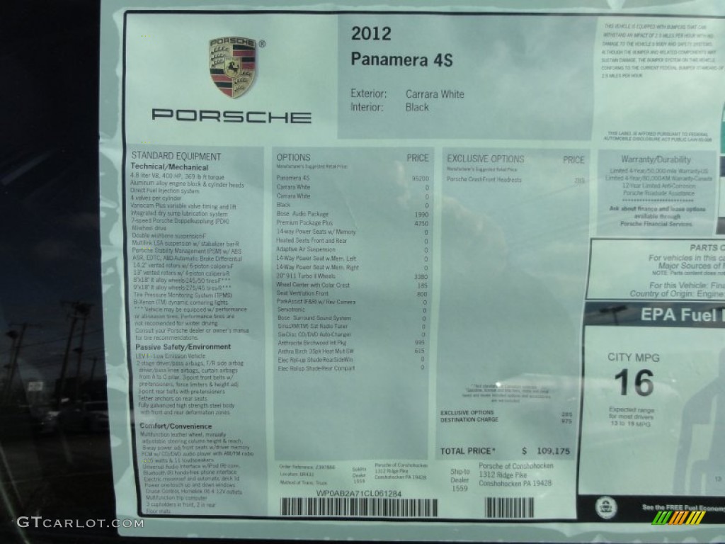2012 Porsche Panamera 4S Window Sticker Photo #60360204