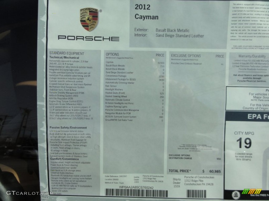 2012 Porsche Cayman Standard Cayman Model Window Sticker Photo #60360622