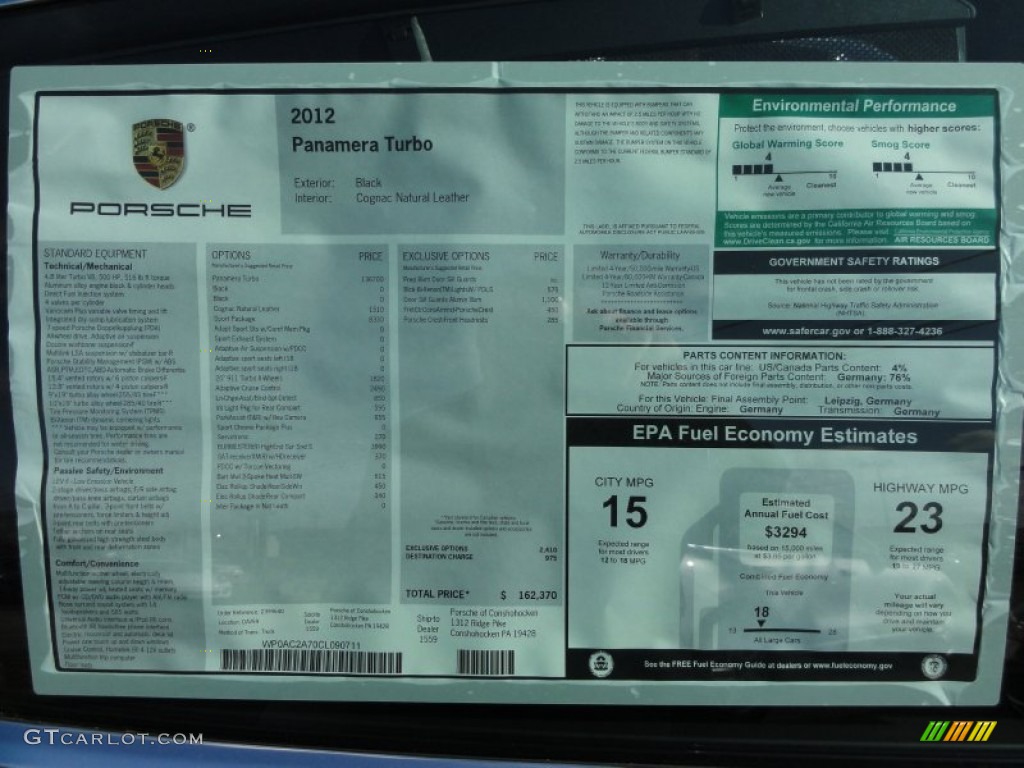 2012 Porsche Panamera Turbo Window Sticker Photo #60360915