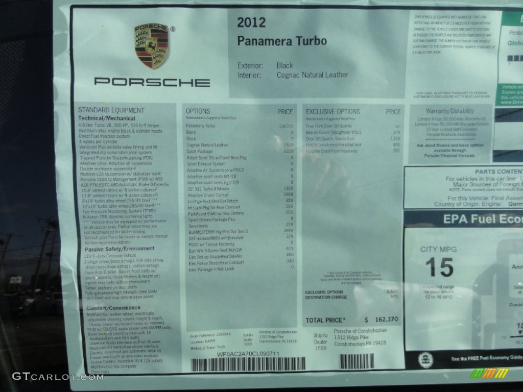 2012 Porsche Panamera Turbo Window Sticker Photo #60360921