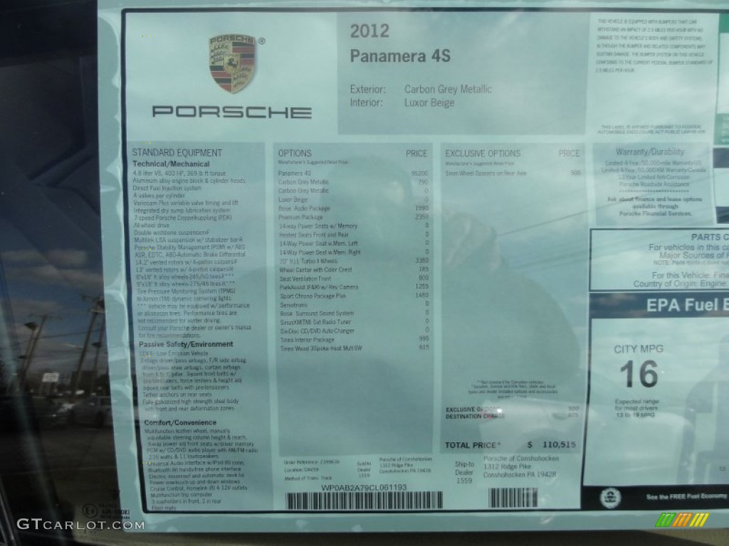 2012 Porsche Panamera 4S Window Sticker Photo #60361759