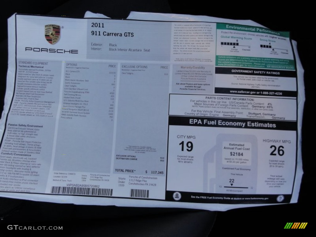 2011 Porsche 911 Carrera GTS Coupe Window Sticker Photo #60363669