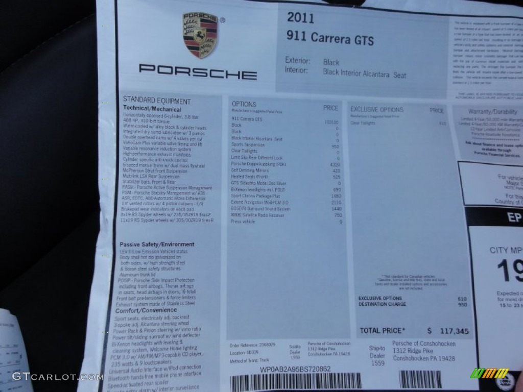 2011 Porsche 911 Carrera GTS Coupe Window Sticker Photo #60363678