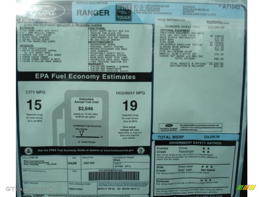 2011 Ford Ranger XLT SuperCab 4x4 Window Sticker Photo #60364631