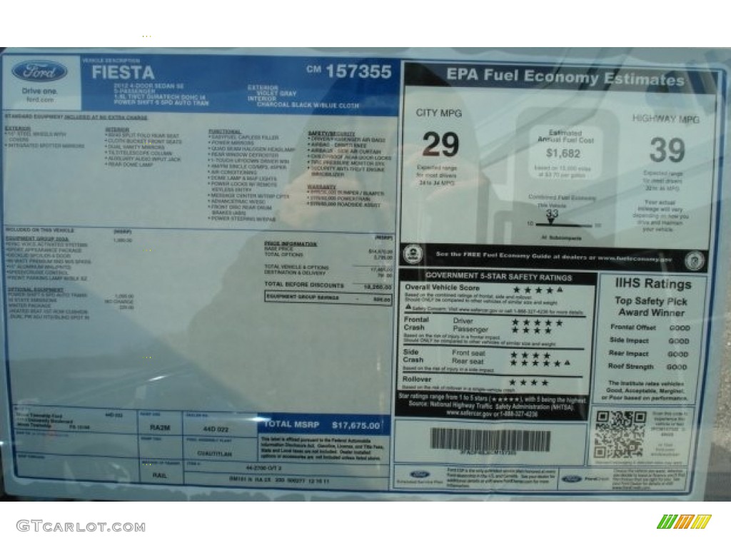 2012 Ford Fiesta SE Sedan Window Sticker Photo #60365001