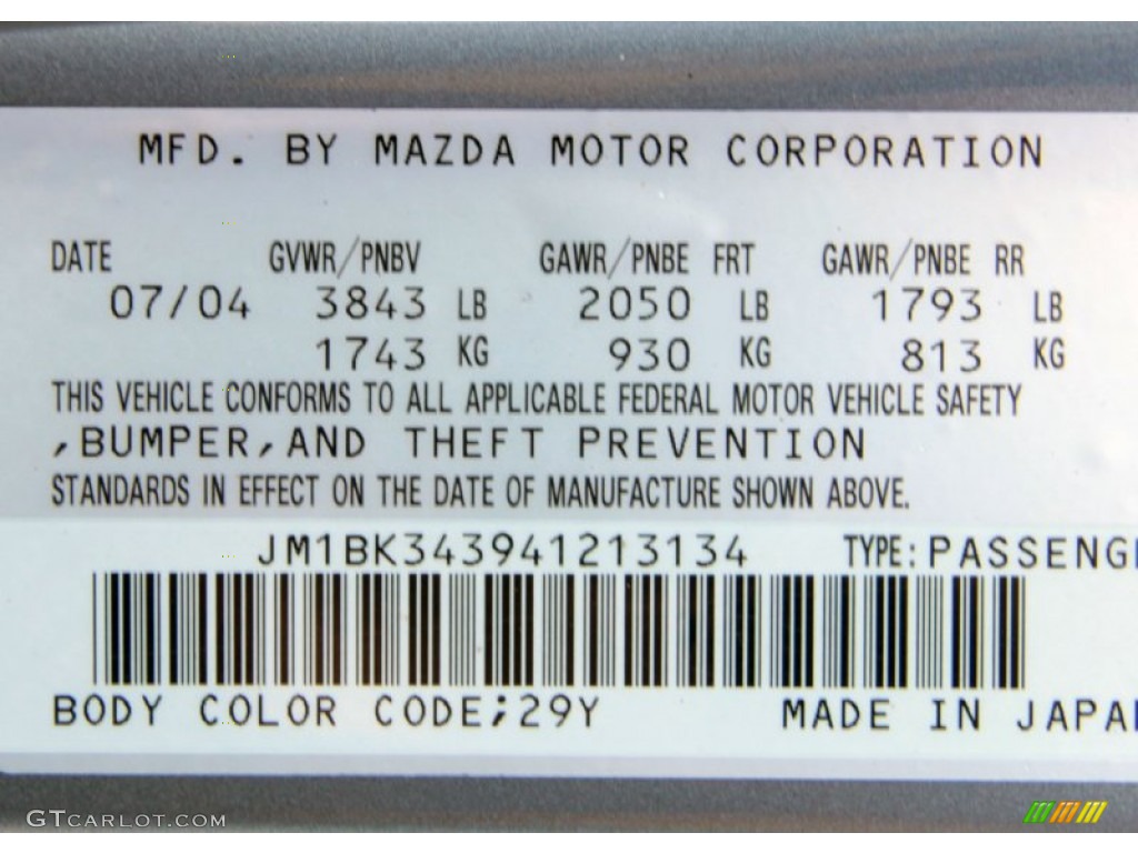 2004 MAZDA3 Color Code 29Y for Titanium Gray Metallic Photo #60371631