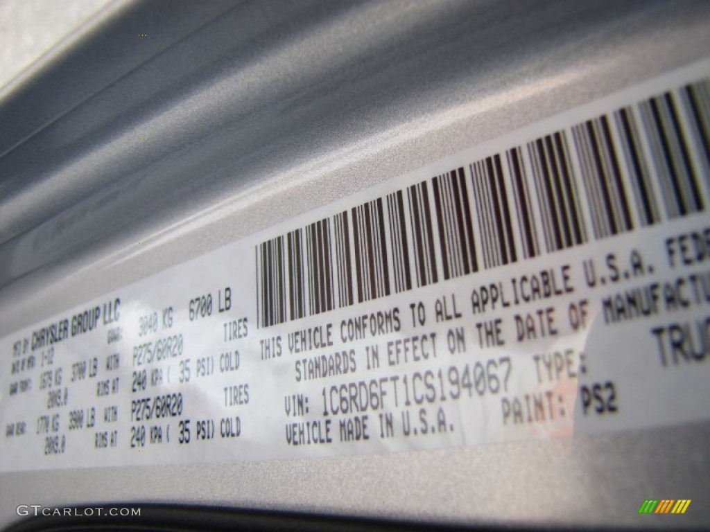 2012 Ram 1500 Color Code PS2 for Bright Silver Metallic Photo #60376224